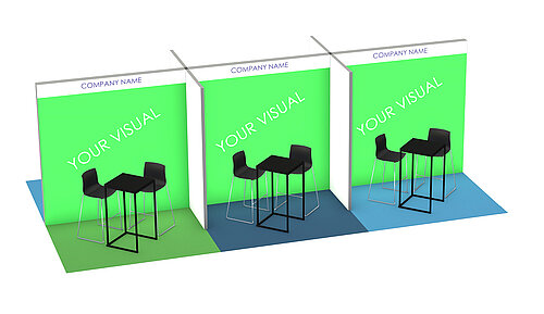 Mockup von drei Ständen mit Tisch und zwei Stühlen für das RECHARGE Wind Power Summit