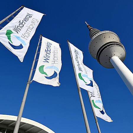 Flaggen der WindEnergy Hamburg vor blauem Himmel.