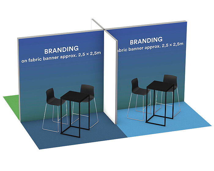 Mockup von zwei Ständen mit Tisch und zwei Stühlen für das RECHARGE WindPower Summit
