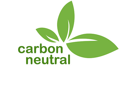 Drei grüne Blätter. Darunter steht: "carbon neutral".